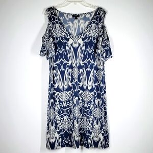 MSK V Neck Cold Shoulder Blue White Abstract Midi Dress XL  EUC